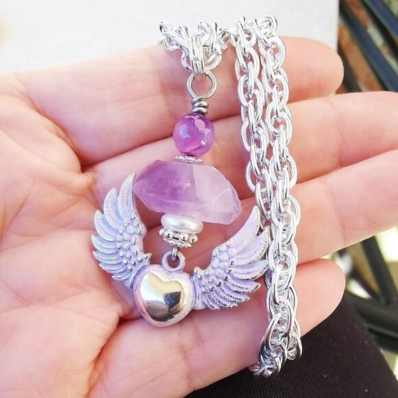 Winged Heart Amethyst Necklace ~ Hand Painted, One-of-a-Kind, Spiritual Gift - Picture 5 of 16